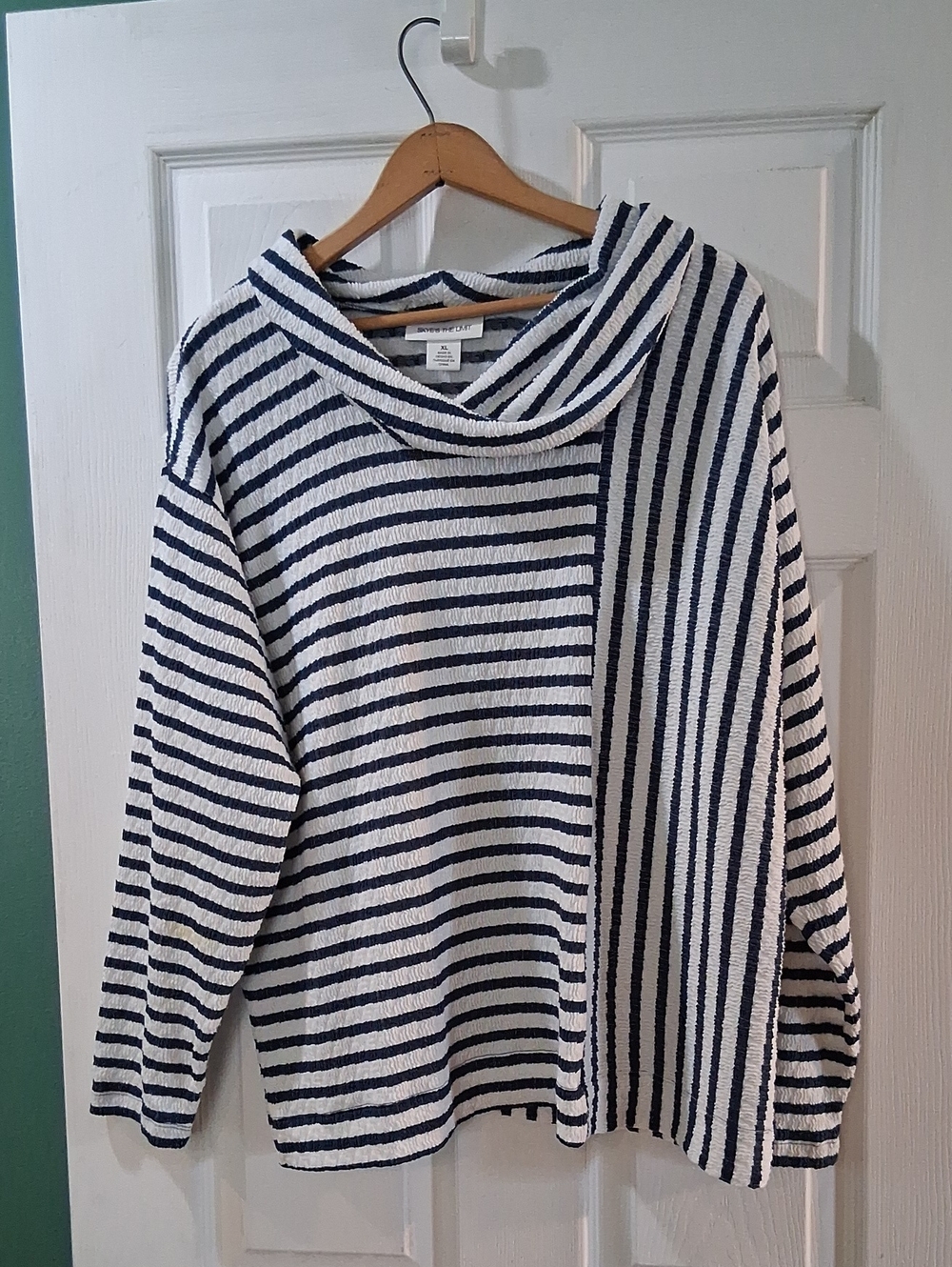 Skye's the Limit Navy and White Striped Cowl Neck Sweater